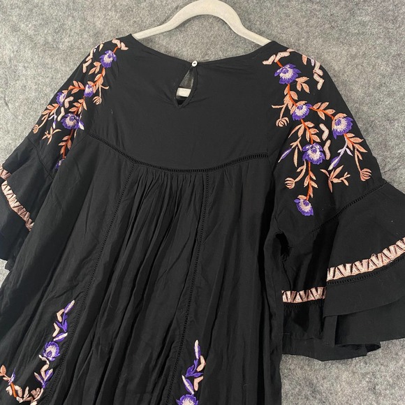 Free People Dress Medium Black Pavlo Emroidered Smock Short Sleeve A-Line Boho - Picture 9 of 13